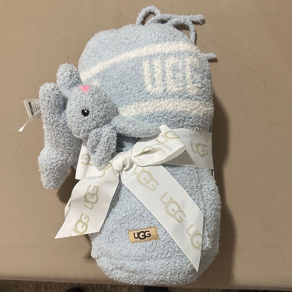 UGG Light Blue Baby Blanket with Plush Bunny Rattle